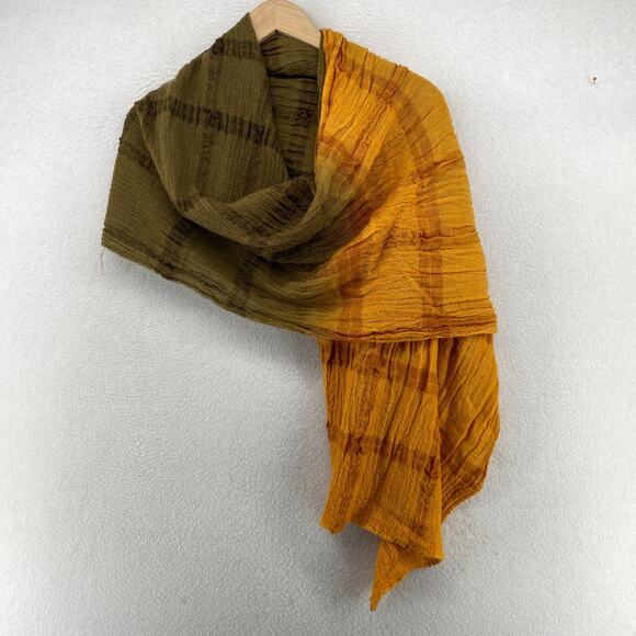 EILEEN FISHER Scarf Wool Crinkle Gauze Ombre Check Wrap Green Orange 18" x 80" - Picture 3 of 10